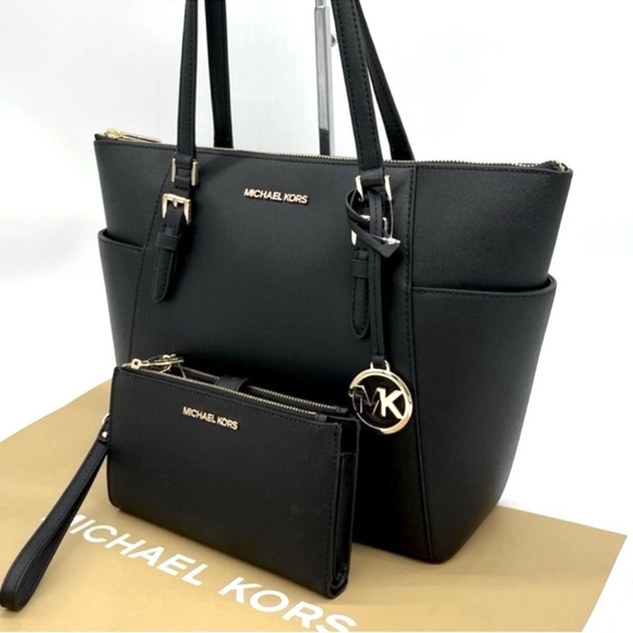 Michael Kors Handbags - Michael Kors Charlotte Tote & Double Zip Wallet Black/Gold